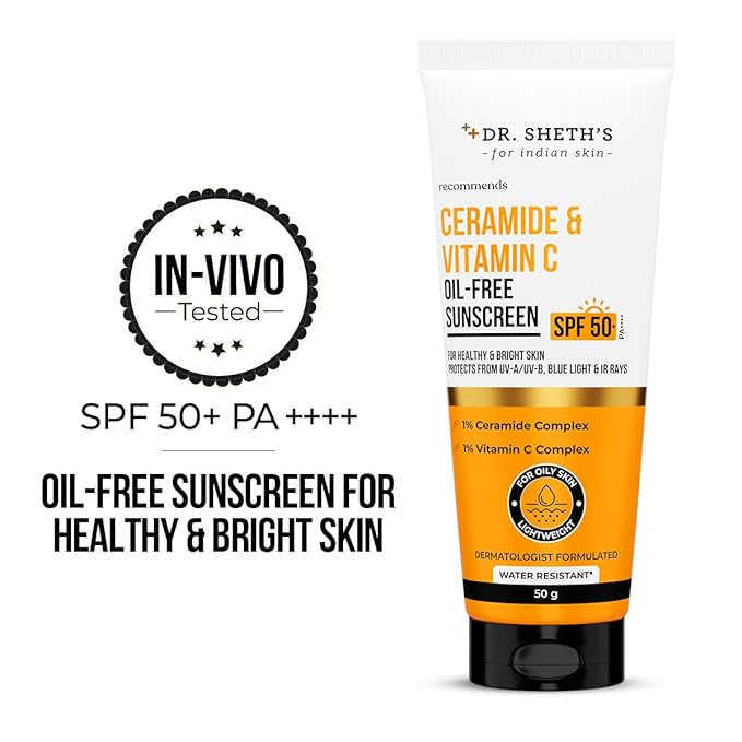 Dr. Sheth's Ceramide & Vitamin C Oil-Free Sunscreen SPF 50+ PA++++ | Non Greasy | For Oily Skin | For Men & Women | 50 g