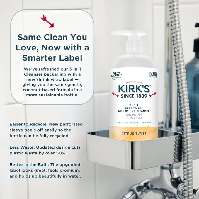 Kirk's 3-in-1 Head to Toe Nourishing Liquid Cleanser- for Men, Women & Children - Premium Coconut Oil & Aloe Vera- Non GMO & Vegan - Citrus Twist - 32 Fl Oz. - 2 Pack