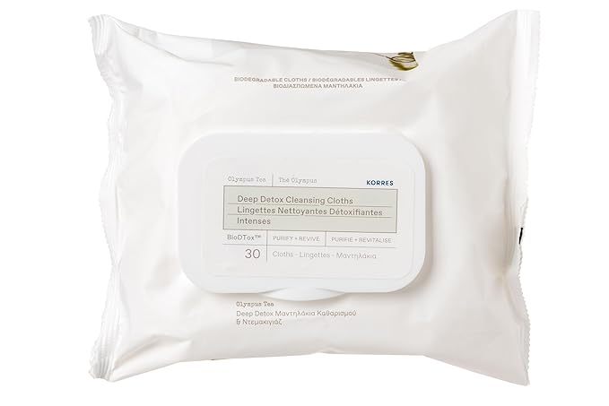 KORRES Olympus Tea Deep Detox Cleansing Cloths, Face & Makeup Remover Wipes, Purifying Skin Care for Women & Men, Disposable, Vegetarian, Made in Greece, 30 Count