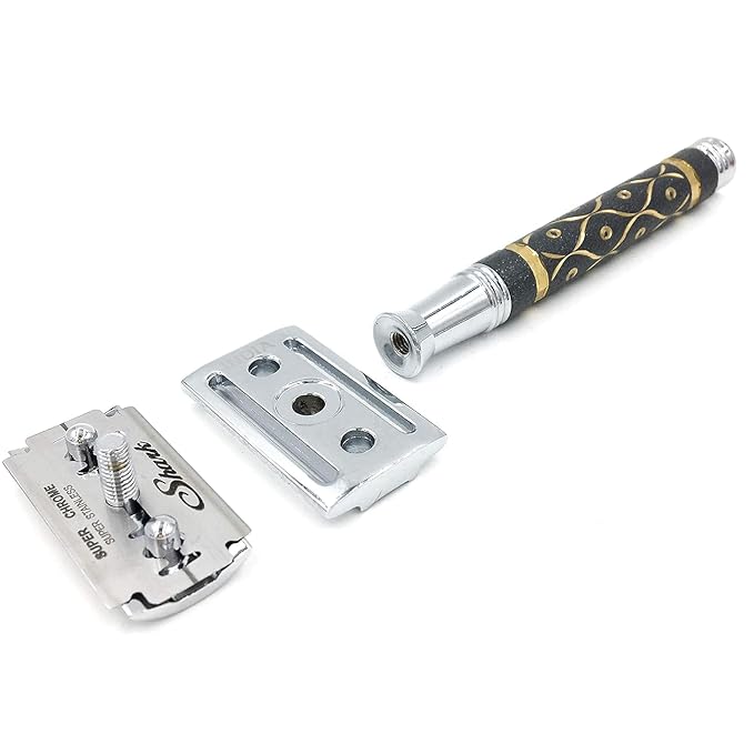 Parker 65R Super Heavyweight Double‑Edge Safety Razor – Sandstone‑Textured Brass Handle for Precise Grip & Control, 4" Long Handle – Includes 5 Premium DE Blades