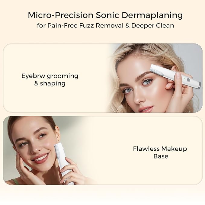 Sonic Dermaplane Razor for Women Face, Smooth Exfoliation & Peach Fuzz Facial Hair Removal, Edge Technology with LED Light, 3 Speeds Rechargeable Dermaplaning Tool with 3 Replacement Blades, White