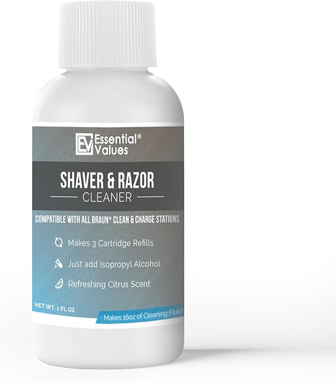 Essential Values Electric Shaver Cleaning Solution - Compatible with Braun Clean & Renew Refill Cartridges - 3 Bottles Makes 9 Refills - Manufactured in USA
