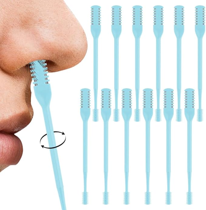 Nasal Hair Cutter, 2025 Double-Sided Nose Hairs Removal, Manual 360° Rotating Nostril Hair Removal Tool, Manual Nose Hairs Cutter, Nasal Hair Trimmer with Ear Picker for Women Men (Blue, 12PCS)