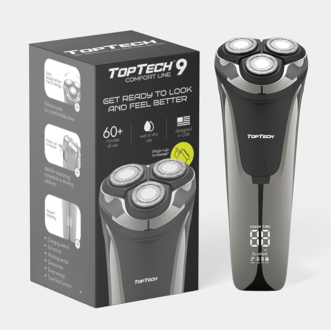 Electric Shaver for Men – TT Comfort Line 9, Wet Dry Waterproof, Rotary Triple Head, USB-C Rechargeable Electric Razor, 60 Min Runtime, Pop-Up Trimmer