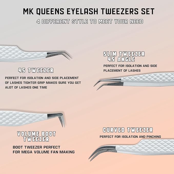 Lash Tweezers - Stainless Steel Fiber Tip Eyelash Tweezers (Set of 4) - Diamond Grip Professional Lash Tweezers for Eyelash Extensions (White)
