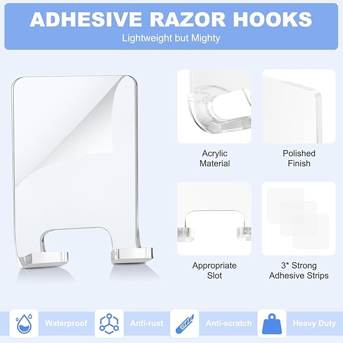 VIS'V Adhesive Razor Holder, Wall Mount Shower Razor Hooks for His and Hers, Acrylic, Waterproof, Clear, 2 Pcs