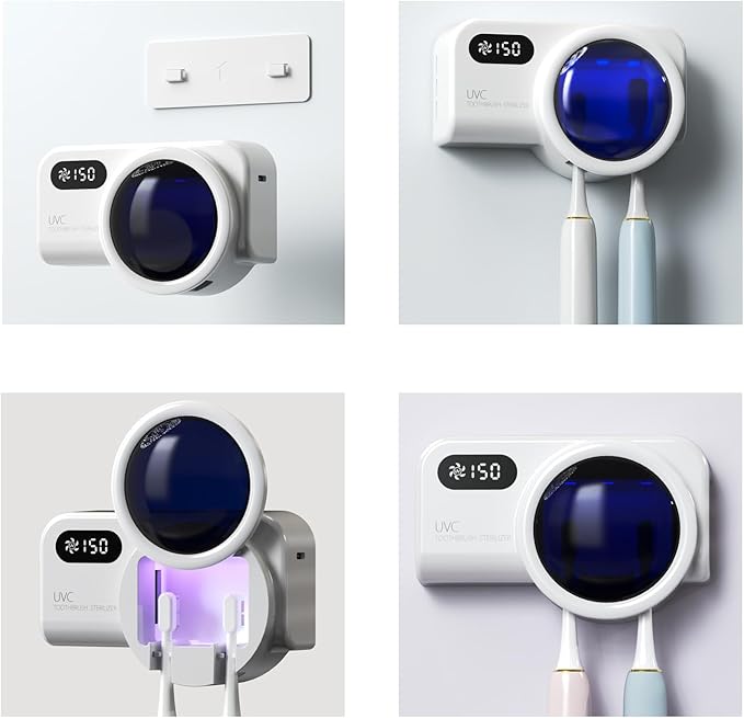 Toothbrush Holder & UV Sanitizer, FullHouse Toothbrush Cleaner with Air Drying and Rechargeable, Bathroom Wall Mounted, for All Electric & Manual Toothbrush