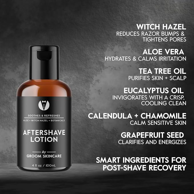 GROOM After Shave Lotion for Men | Soothing Post-Shave Moisturizer with Aloe, Vitamin E, Green Tea & MSM | Fights Irritation & Razor Bumps | 4 oz