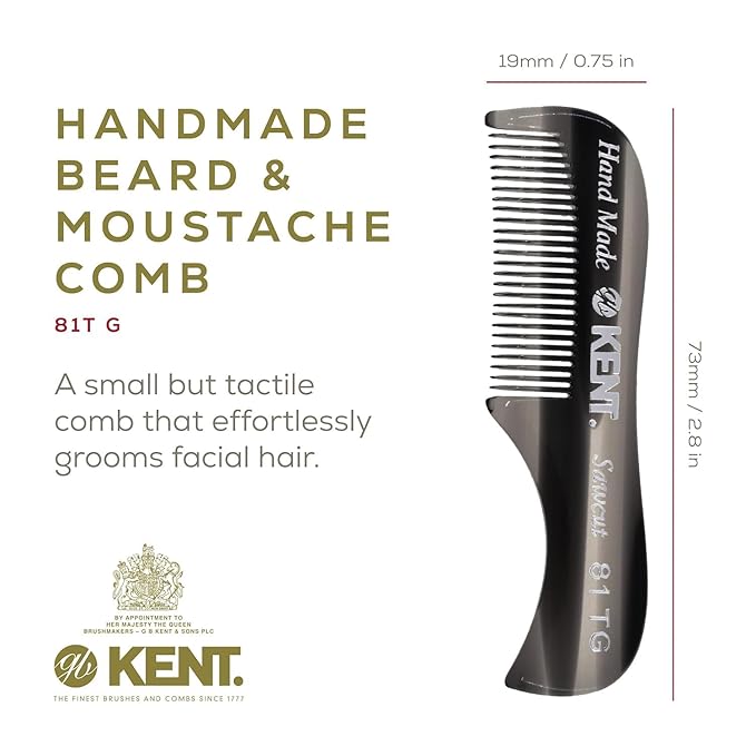 KENT A 81T Graphite X-Small Men's Beard Mustache Pocket Comb, Fine Toothed for Facial Hair Grooming and Styling. Hand-Made of Quality Cellulose Acetate, Saw-cut Hand Polished. Made in England