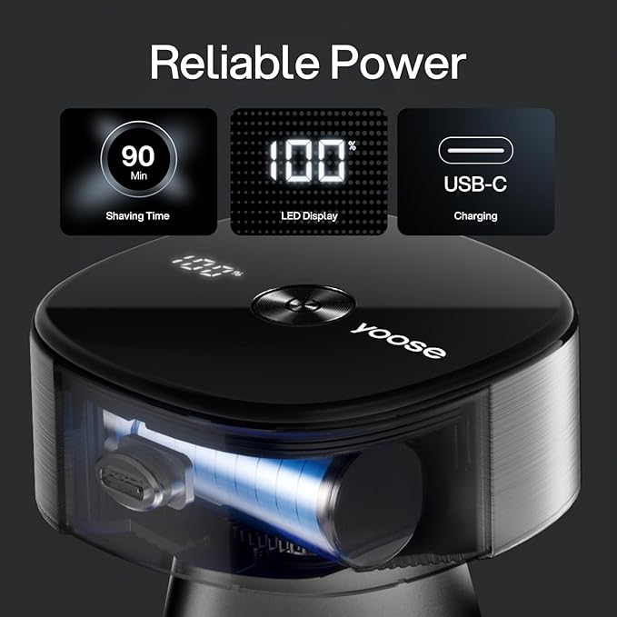 yoose Head Shavers for Bald Men, IPX7 Skin Close Electric Razor for Men (Ergonomic Design, USB-C, 90-Min Usage, 5 Floating Cutting Heads), Intelligent PID Control, Battery Indicator, H5 Black