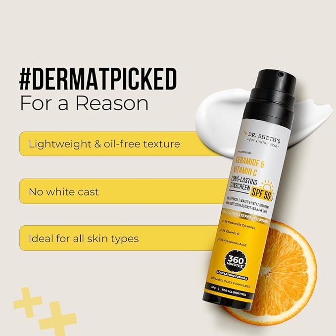 Dr. Sheth's Ceramide & Vitamin C Long lasting Sunscreen SPF 50+ PA++++ | Water & Sweat-Resistant | Non-Greasy & Quick-Absorbing | For Women & Men | 50g