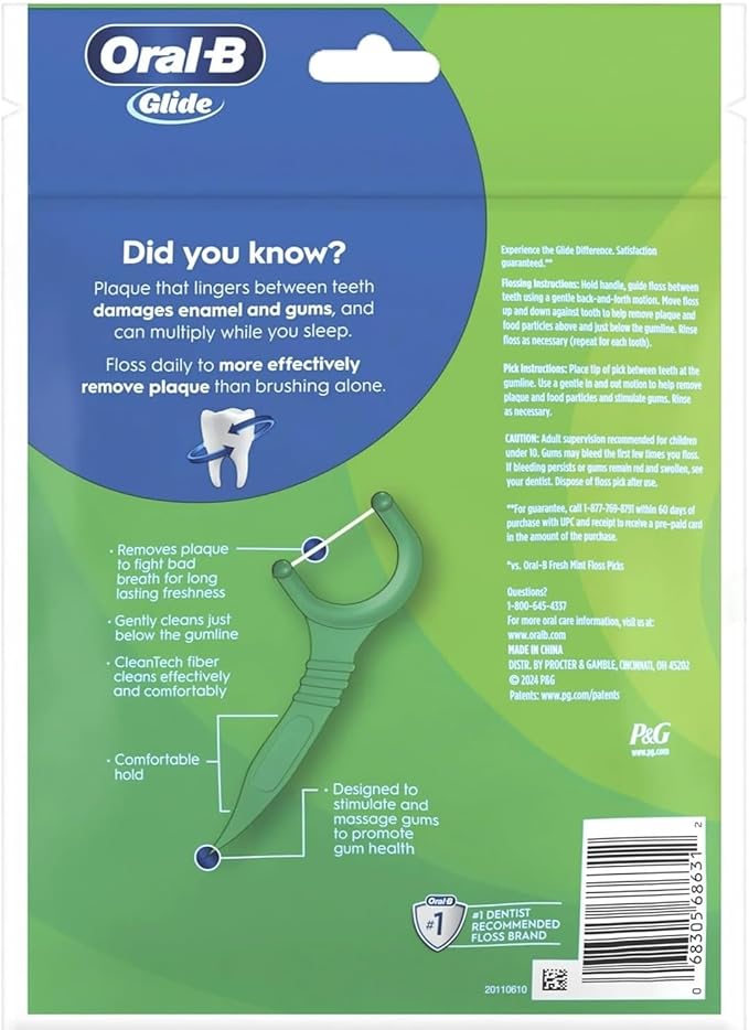 Oral B Glide Dental Floss Picks, Complete With Scope Outlast, Mint, 75 Count, Pack Of 6