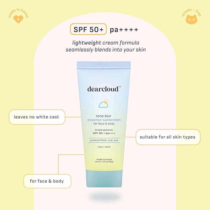dearcloud Tone Blur Essence Sunscreen SPF 50+ PA++++ – Korean Sunscreen for Face, Primer with Vegan Ingredients (1.69 fl oz)