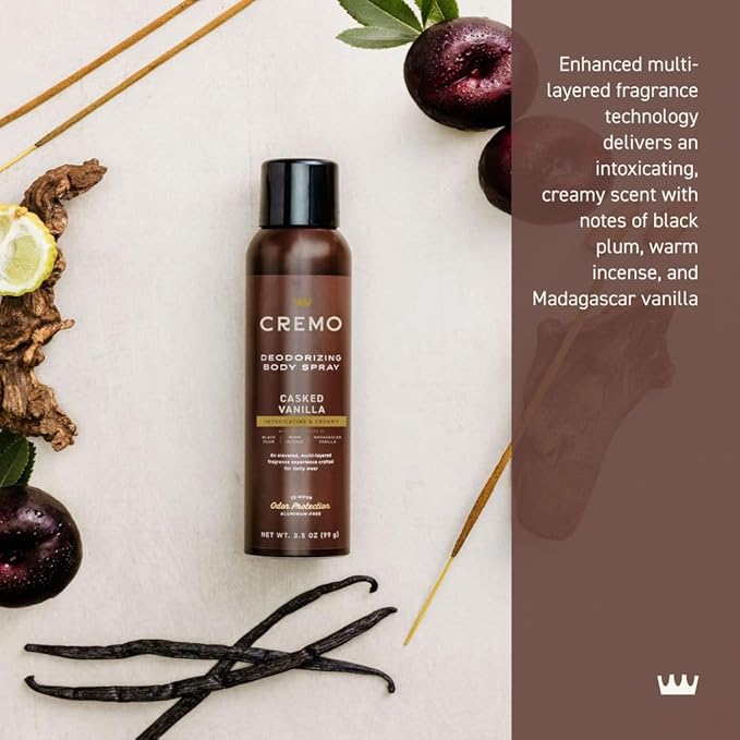 Cremo Casked Vanilla Body Spray, A Sophisticated Blend of Black Plum, Warm Incense, and Madagascar Vanilla, 3.5 Fl Oz