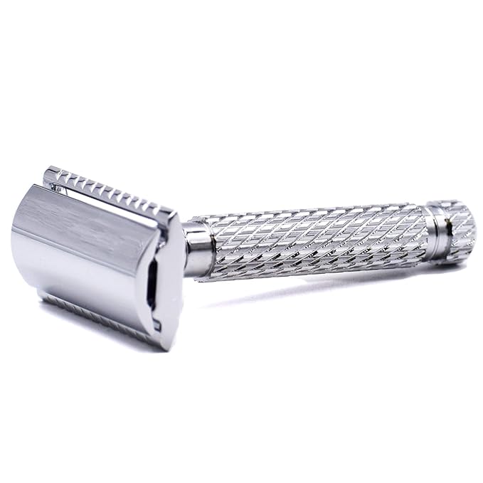 Parker 94R “Hefty” Double-Edge Safety Razor with Standard-Length Handle + 5 Premium Blades – Chrome-Plated Brass, Three-Piece Design, Balanced Weight for Classic Wet Shaving