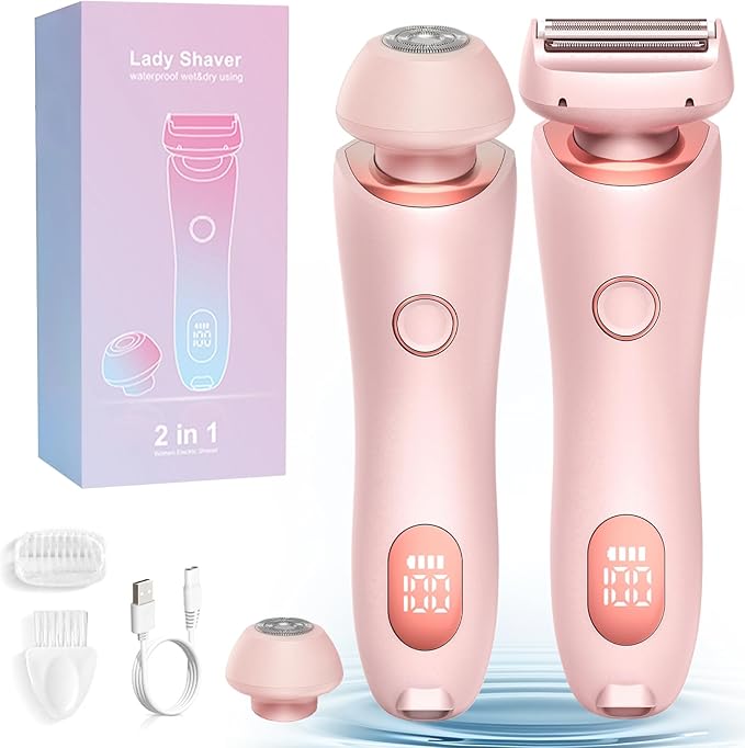 Electric Shaver for Women, 2 in 1 Wet & Dry Silk Glide Pro Shaver with 2 Removable Heads, Rechargeable Electric Trimmer for Bikini, Pubic Hair, Legs, Body, IPX7 Waterproof