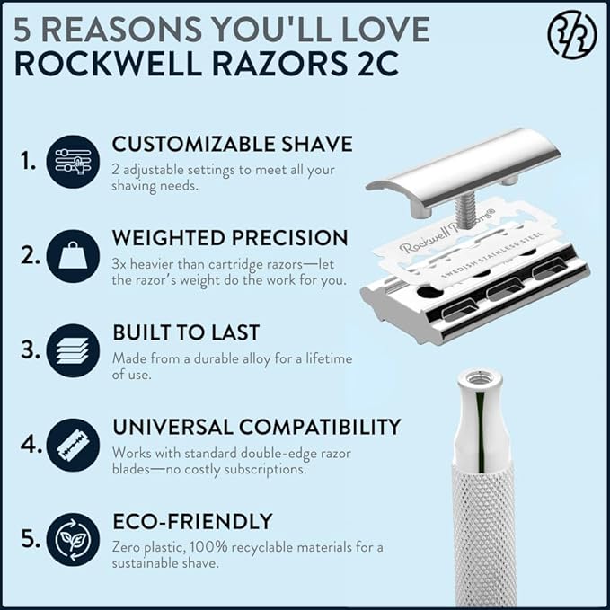 ROCKWELL RAZORS 2C White Chrome Double Edge Safety Razor With Adjustable Shave Settings and 5 Fully Recyclable Razor Blades. Reusable Safety Razors for Men and Women.