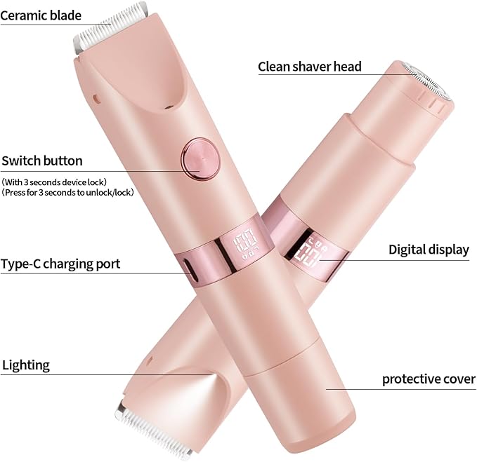 Bikini Trimmer for Women，Dual Head Women Shaver IPX6 Waterproof Cordless Pain Free Hair Removal with Safety Lock Trimmer for Smooth Skin Ideal for Bikini Area Body and Facial Hair (Pink)