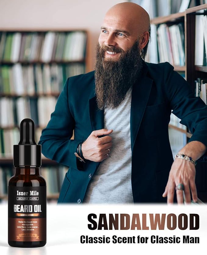 ISNER MILE 5 Pack Beard Oil Kit: Sandalwood Orange Cedarwood Sage Unscented for Beard Care & Conditioner, Christmas Stocking Stuffers for Adults Men, Birthday Gifts for Him Boyfriend Dad Husband