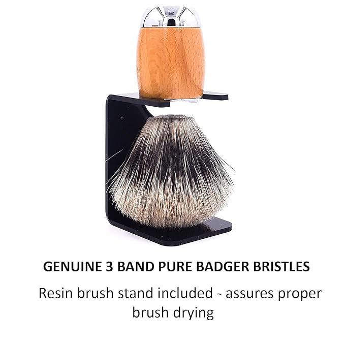 Taconic Shave's 3-Band Pure Badger Luxury Shaving Brush – Deluxe Beechwood and Chrome Handle - Shaving Stand Included