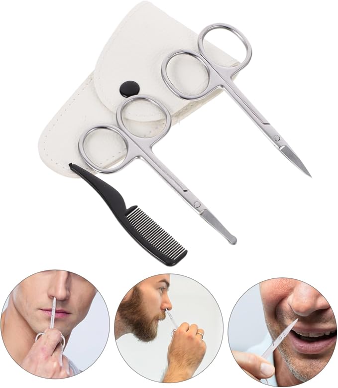 Ipetboom 4pcs Stainless Steel Beard and Mustache Scissors Set with Nose Hair Trimmer Precision Pointed and Round Scissors White Leather Comb for Grooming and Detailing
