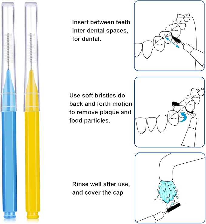 Patelai 100 Pieces Braces Brush for Cleaner Interdental Brush Toothpick Dental Tooth Flossing Head Oral Dental Hygiene Flosser Toothpick Cleaners Tooth Tool(Blue, Yellow,Multiple Sizes)