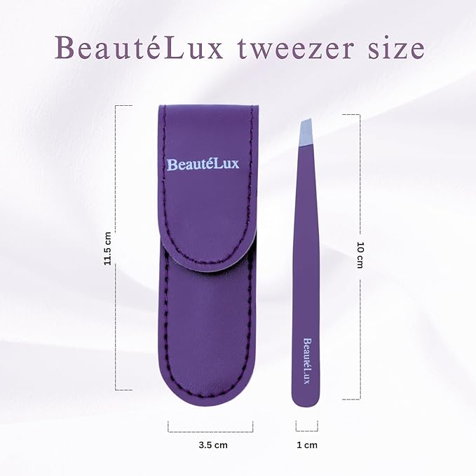 Premium Slant Tip Eyebrow Tweezer (Purple), Stainless Steel Precision Tweezers for Men & Women, for Facial Hair Removal, with Leather Case