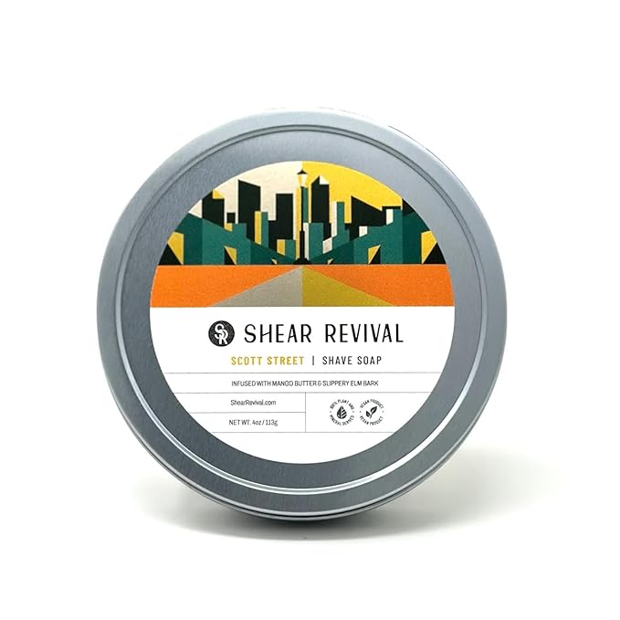 Shear Revival Scott Street Shave Soap for Men and Women - Smooth Shave, Moisturizes + Protects, Rich Lather, Reduces Redness, Orange + Oakmoss Scent, 4oz (Orange + Oakmoss)