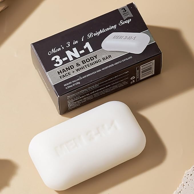 3 in 1 Men's Bar Soap, Natural Herb-Infused Scent, Moisture-Rich pH Balanced Cleanser for Face Body Hand, Hypoallergenic Vegan Whitening Soap for All Skin Types(4.23oz, 1-Pack)