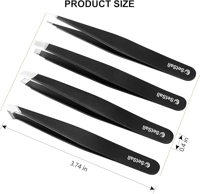 SetSail 4-Piece Tweezers Set, Eyebrow Tweezers Black Stainless Steel Slant, Slanted Pointed, Round Pointed & Flat Tip Tweezers for Precision Grooming for Women & Men