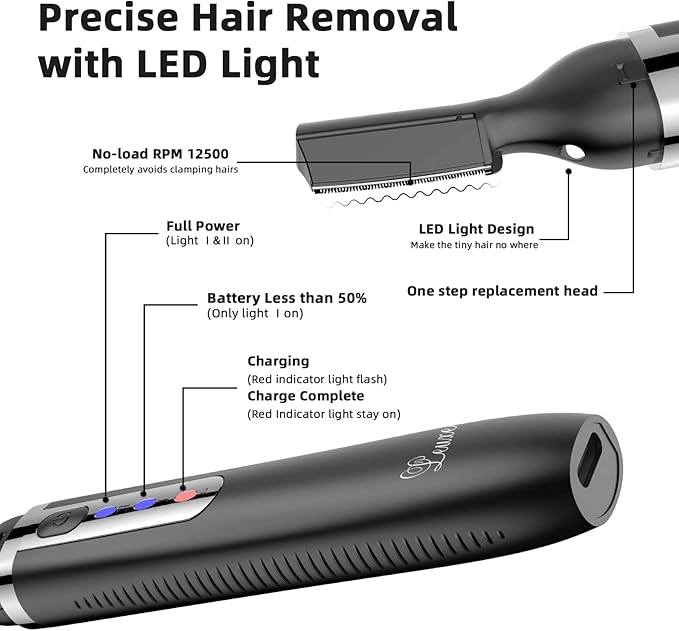 Facial Hair Remover and Eyebrow Trimmer, Rechargeable Hair Removal Women's Electric Shaver Razor for Peach Fuzz Chin Cheek Upper Lip（Black）