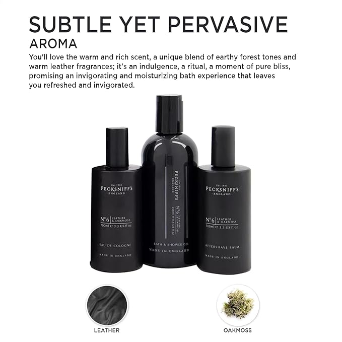 Pecksniff's Fragrance Gift Sets Luxurious, Handcrafted in England (Men's Leather & Oakmoss: Eau de Cologne, 3-in-1 Bath & Shower Gel, After Shave Balm)