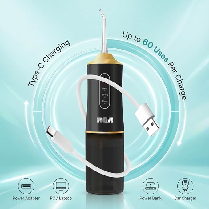 RCA Portable Water Flosser for Teeth & Gums – Cordless Rechargeable Oral Irrigator with 3 Pressure Levels, 4 Jet Tips & USB Tank – Travel Water Flosser for Teeth Cleaning (Black)