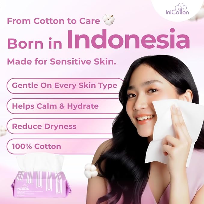 Face Towels, Indonesian Unscented Cotton Tissues for Sensitive Skin, Disposable Face Towelette, Ultra Soft, Clean Towels, Makeup Remover Dry Wipes, Travel Size, 1 Pack, 50 Count