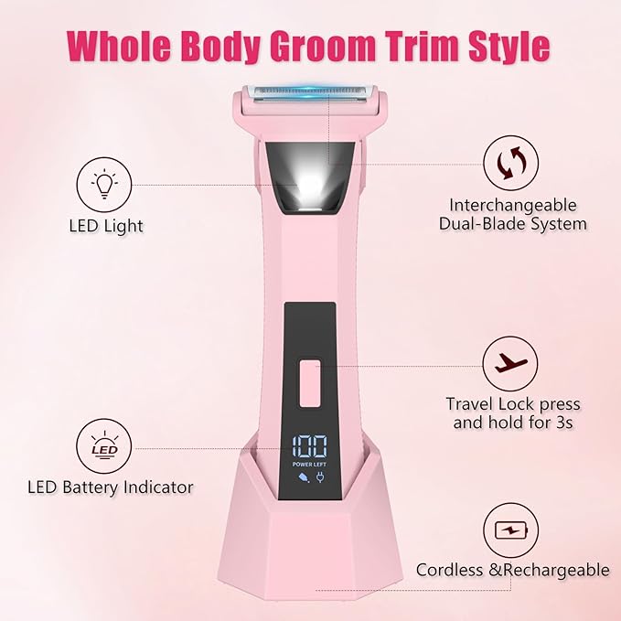 2-in-1 Bikini Trimmer for Women - Electric Razor & Pubic Hair Shaver with LED Light & Display, IPX7 Waterproof, USB-C Fast Charge, Travel Lock, Ceramic Blades for Body/Underarm/Leg, Painless Grooming