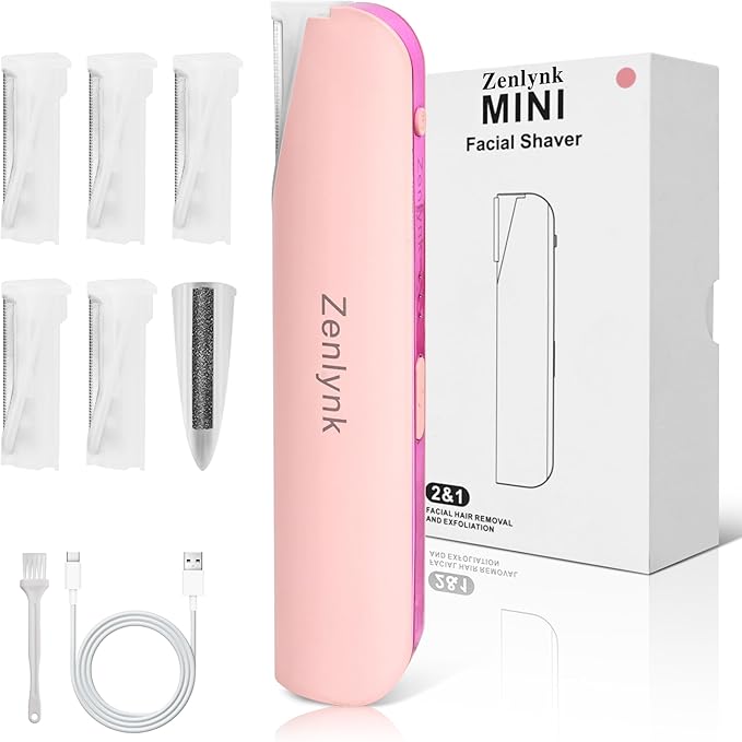 Vibration-Assisted Manual Dermaplane Razor for Women Face, Zenlynk Facial Exfoliator & Peach Fuzz Trimmer with 3 Vibration Modes, LED Light, 5 Replacement Blades & Exfoliating Scrubber, Pink