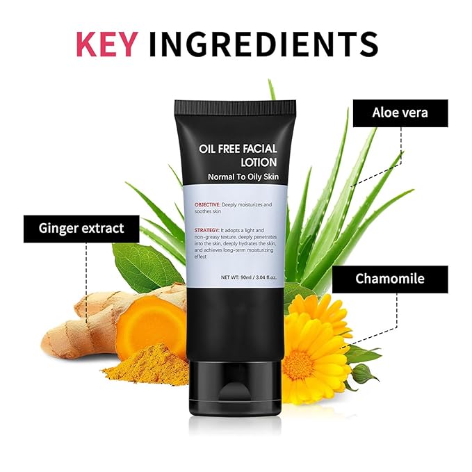 Oil-Free Face Moisturizer for Men, Natural Daily Face Lotion with Aloe Vera, Ginger Extract, Chamomile, Deeply Moisturizes, Fast-Absorbing, Ultra-Lightweight Facial Skin Care Cream, 3.04 Ounce