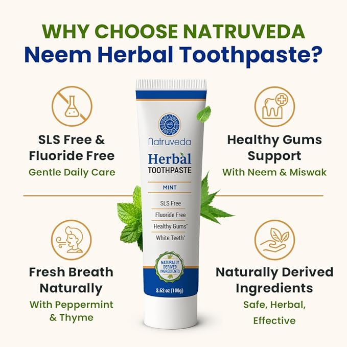 Natruveda Neem Herbal Toothpaste with Complimentary Copper Tongue Scraper | Fluoride Free, SLS Free, Natural Toothpaste for Adults | Ayurvedic Oral Care with Miswak | 3.52 oz (2 Pack)
