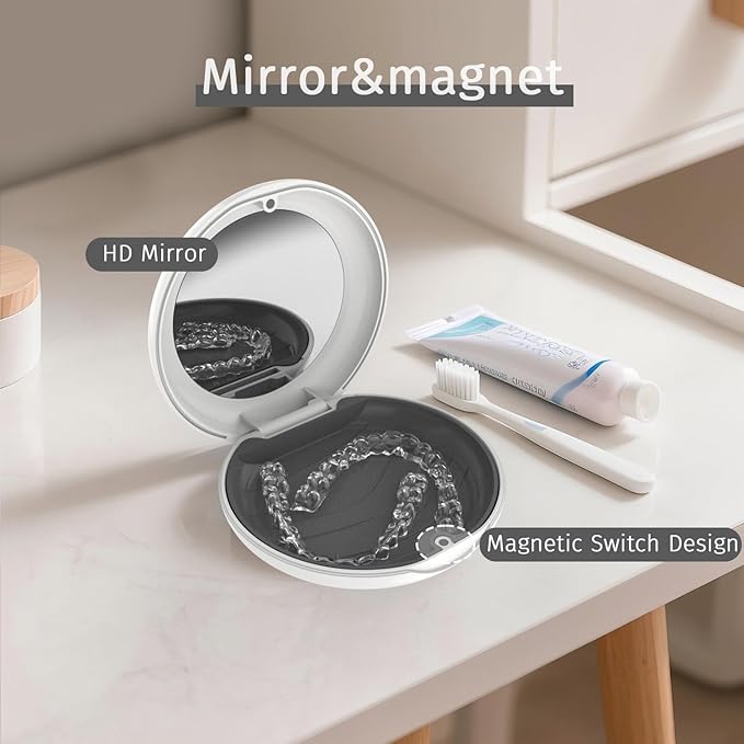 2 Pack Retainer Case with Mirror, Compatible with Invisalign, Orthodontic Aligner Case with Removal Tool and Brush, White