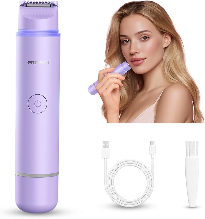 Bikini Trimmer for Women Dual Head Facial Hair Remover 2 in 1 Electric Razors for Women,Waterproof Public Hair Trimmer for Face,Underarm,Leg,USB-C Smart Light (Purple)