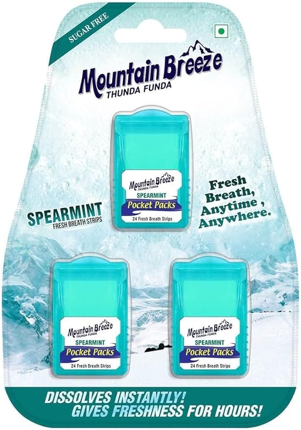 Mountain Breeze Oral Hygiene Mouth Freshener Sugar Free Spear Mint Flavoured Breath Strips (24 Strips Each Cassatte)-Pack of 1(3 Cassette) New