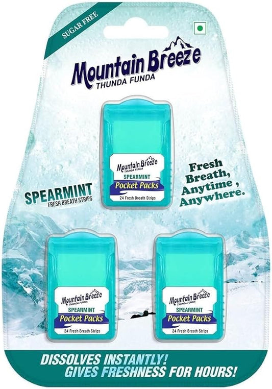 Mountain Breeze Oral Hygiene Mouth Freshener Sugar Free Spear Mint Flavoured Breath Strips (24 Strips Each Cassatte)-Pack of 1(3 Cassette) New