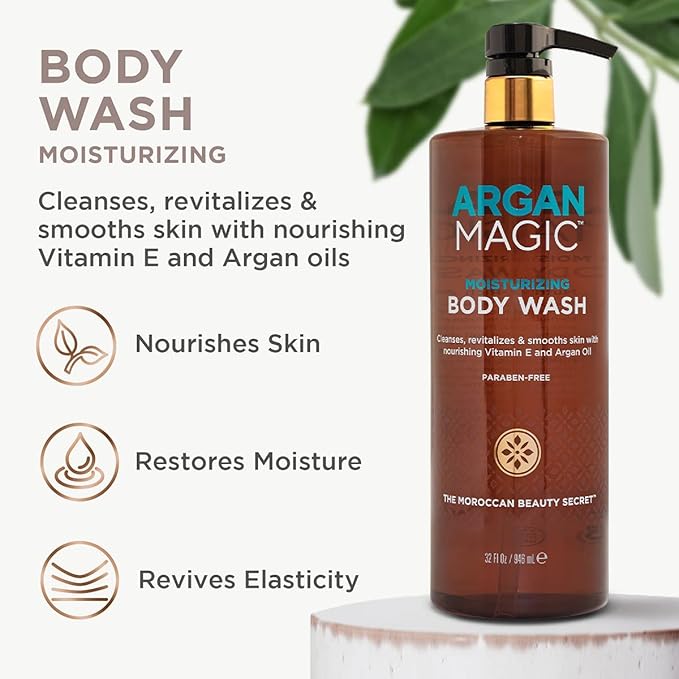 Argan Magic Cleansing Body Wash - Gently Cleanses, Revitalizes & Smooths Skin | Enriched with Argan Oil, Sweet Almond Oil & Vitamin E | Made in USA | Paraben Free | Cruelty Free (32 oz / 946 ml)