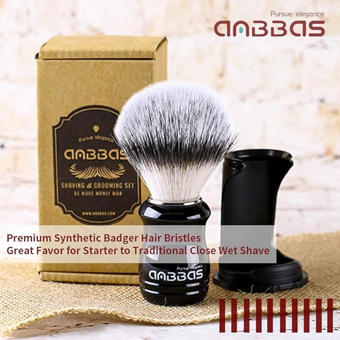 Anbbas Synthetic Badger Shaving Brush with Black Holder Stand,Resin Handle Foam Brush 2in1 Set for Men Wet Shave