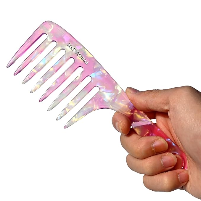 D1 | wide tooth comb 7.4"for easy portability. Suitable for Women's/girl curly, curly and tight hair, the short handle design is easy to carry. Acetate comb (Pink B)