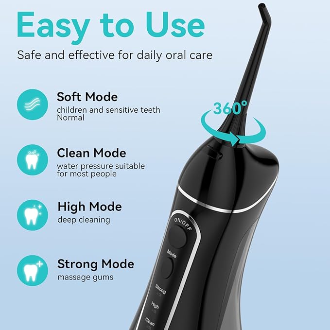 Water Flosser Cordless Oral Irrigator with 4 Modes and 4 Jet Tips, IPX7 Waterproof, 300ml/10oz for Adults, Home and Travel Use in Black