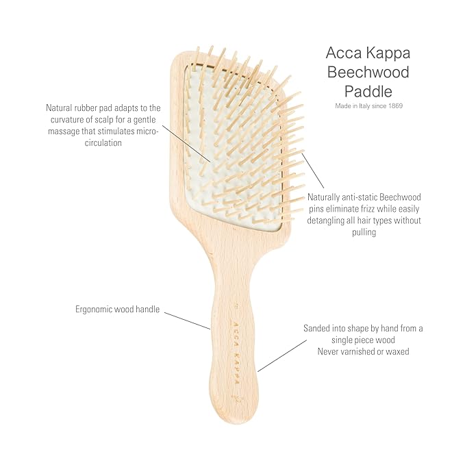ACCA KAPPA Natural Paddle Hair Brush Travel Size Wooden Pins Beechwood Anti-Static Scalp-Massage Detangler
