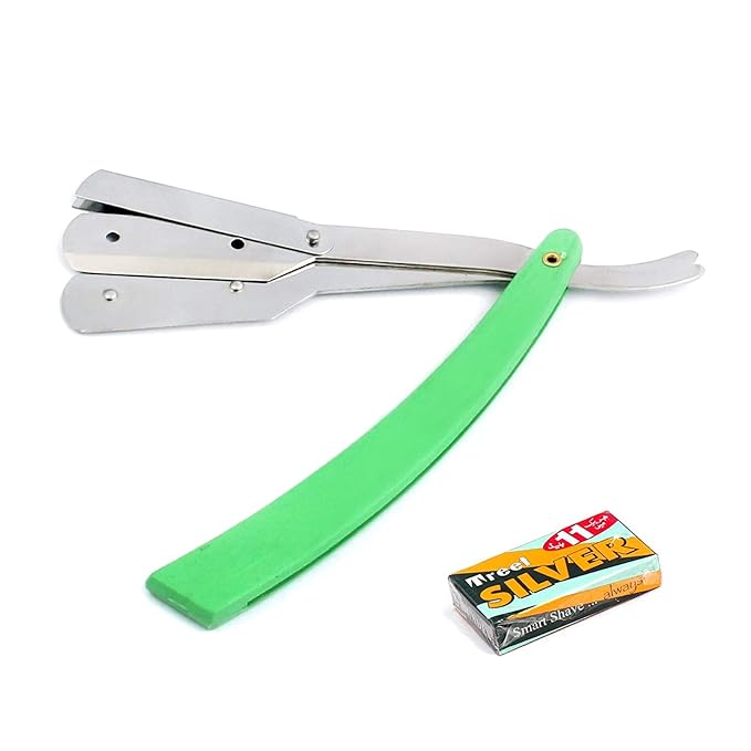G.S GREEN STRAIGHT BARBER EDGE STEEL RAZOR FOLDING SHAVING KNIFE WITH 11 BLADES RAZORS