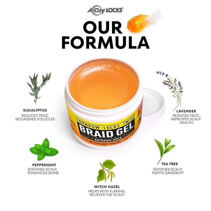 AllDay Locks Braid Gel (Jar) | Extreme Hold, High Shine | Frizz & Flake-Free Edge Control | Tea Tree, Lavender, Peppermint Oil | Slick & Style Braids, Locks, Twists, Cornrows | 32 oz