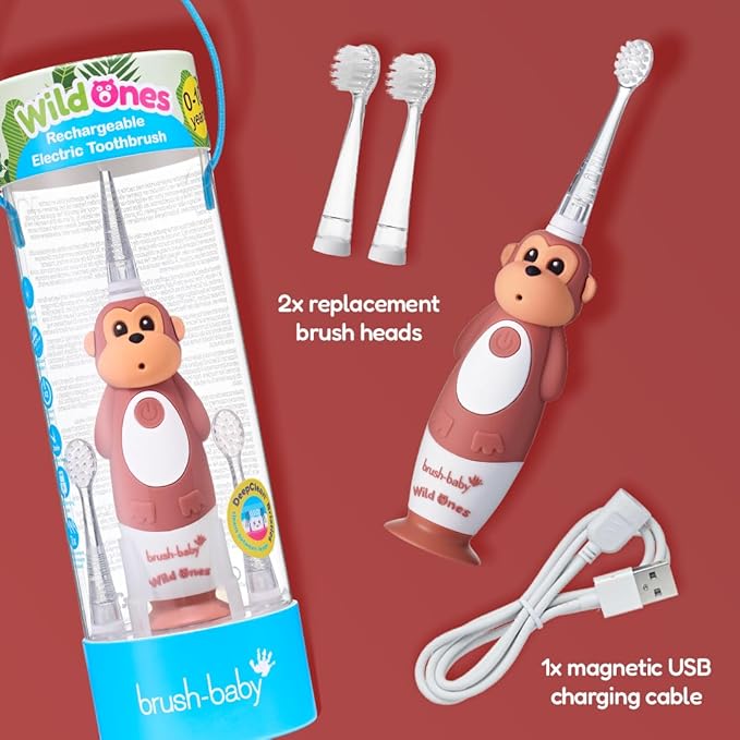 BrushBaby - WildOnes - Kids Rechargeable Electric Toothbrush, Ages 0-10 - Monkey Design with Flashing Lights - DeepClean Bristles for Superior Cleaning - 2 Replacement Brush Heads, 1 USB Cable
